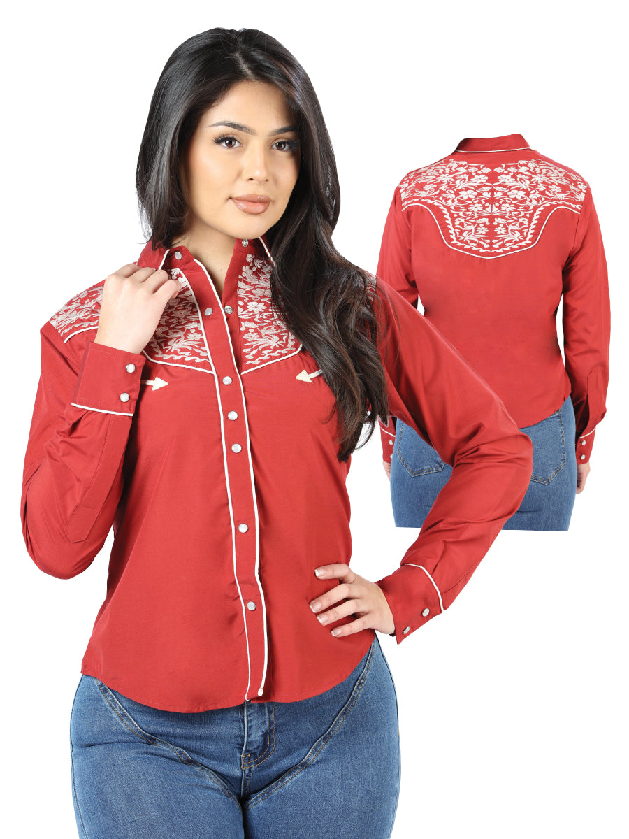 Women's Traditional Embroidered Western Shirt - Burgundy/Red 44184