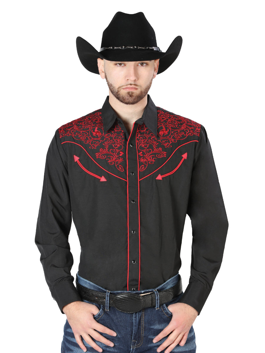 Men's Traditional Embroidered Western Shirt - Black/Red 44187