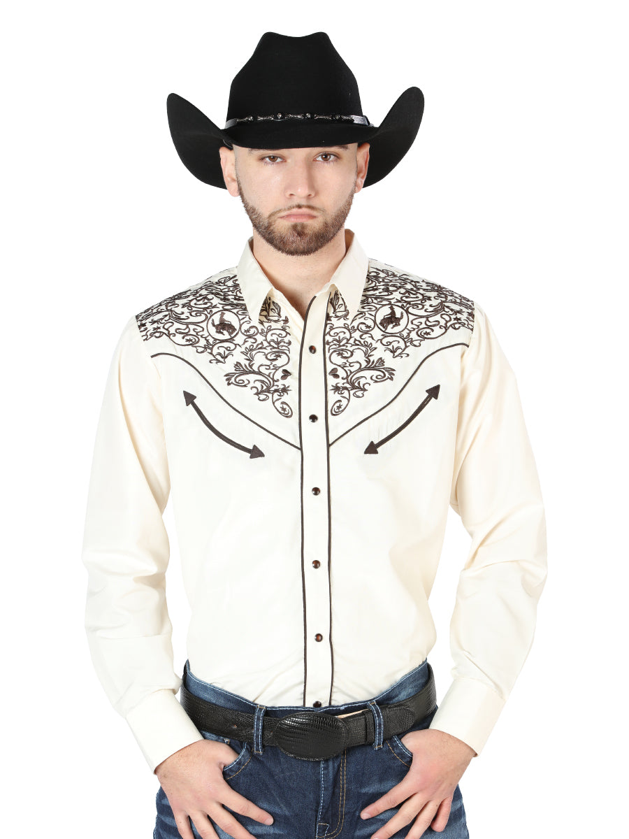 Men's Traditional Embroidered Western Shirt - Beige/Black 44189