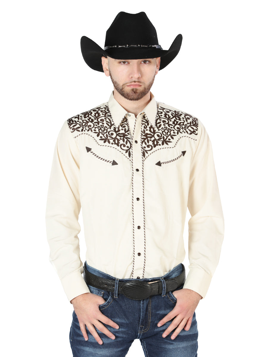 Men's Traditional Embroidered Western Shirt - Beige/Black 44193