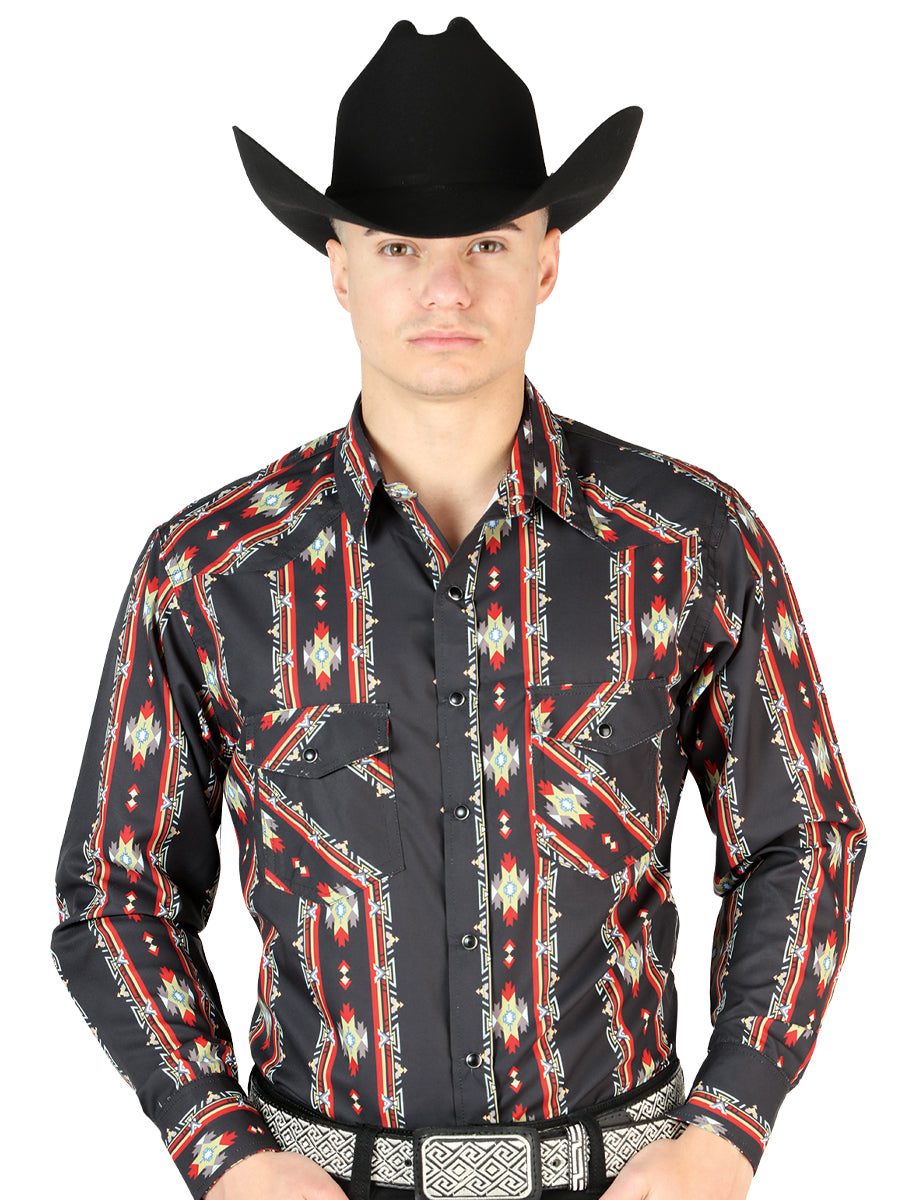 Men's Long Sleeve Western Fashion Snap Button Shirt - Black/Red 44210