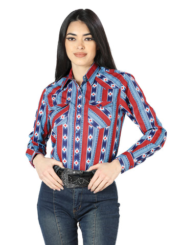 Women's Long Sleeve Western Fashion Snap Button Shirt - Blue/Red 44213