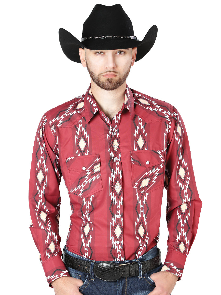Men's Long Sleeve Western Fashion Snap Button Shirt - Red 44216