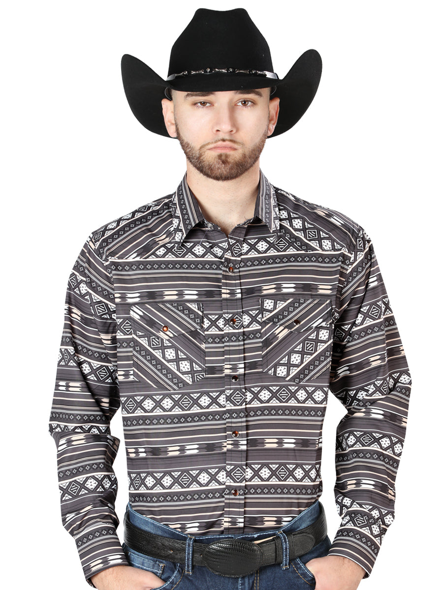 Men's Long Sleeve Western Fashion Snap Button Shirt - Brown 44217