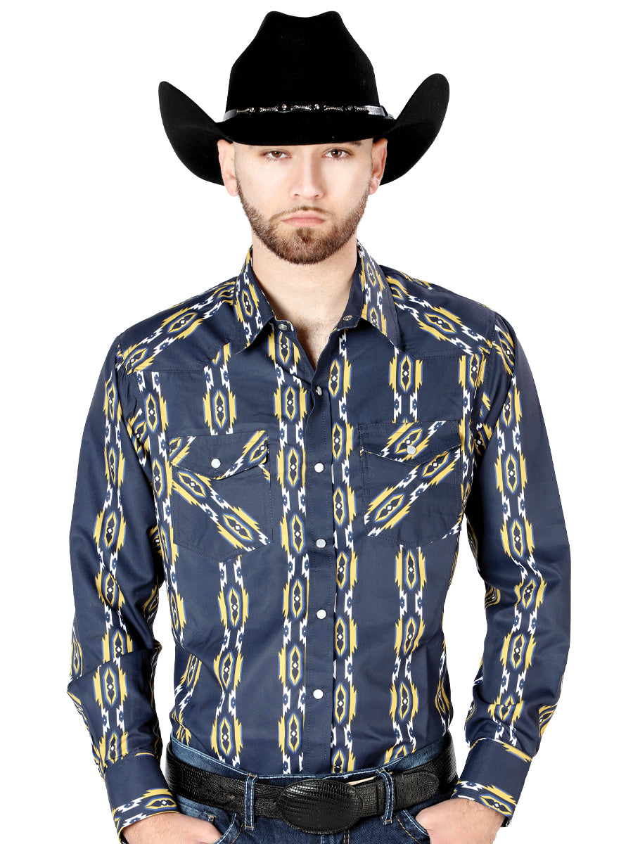 Men's Long Sleeve Western Fashion Snap Button Shirt - Blue 44219