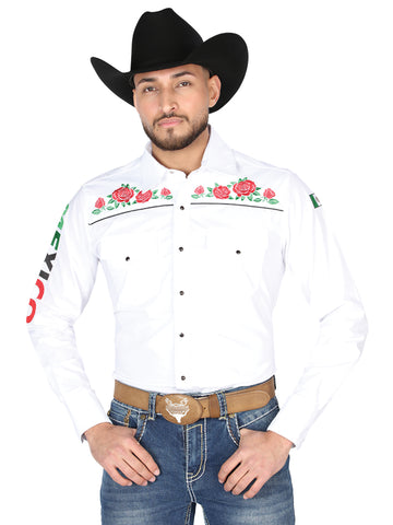El General Men's Traditional Embroidered Western Charro Shirt White/Roses 44294