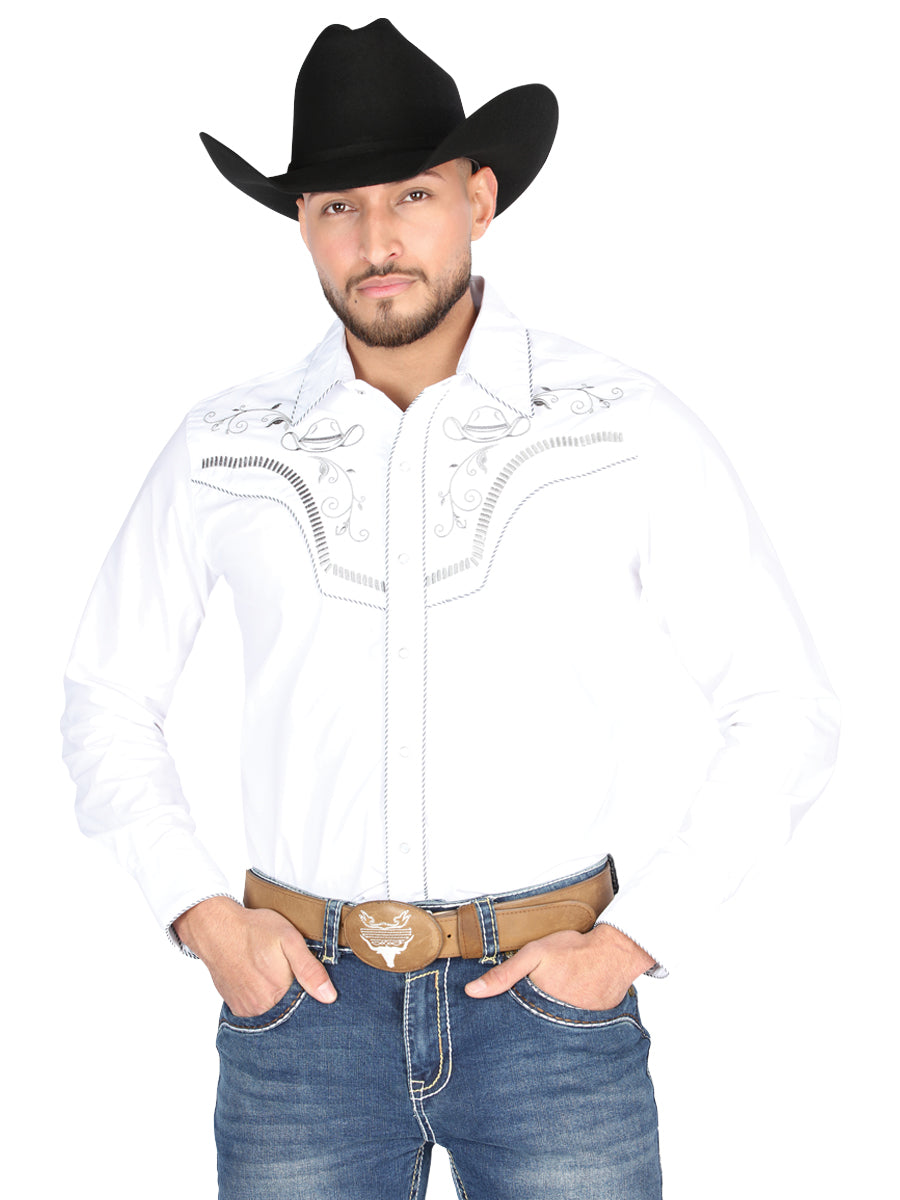 El General Men's Traditional Embroidered Western Charro Shirt - White/Black 44298