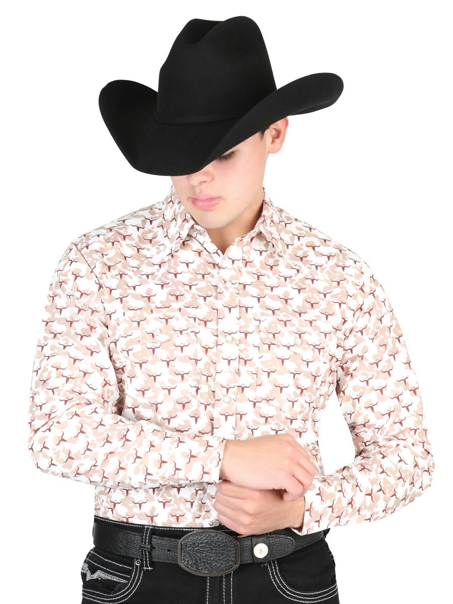 Men's Long Sleeve Western Fashion Snap Button Shirt - Beige 44303