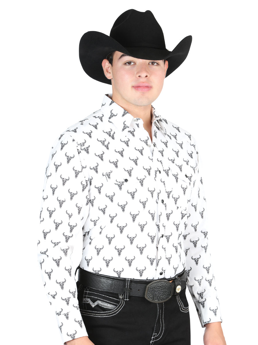 El General Men's Long Sleeve Western Fashion Snap Button Shirt - White 44305