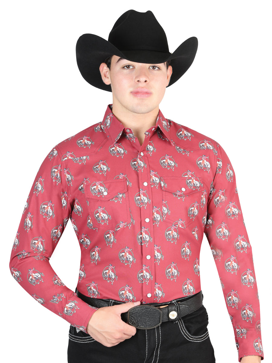 El General Men's Long Sleeve Western Fashion Snap Button Shirt - Red 44306