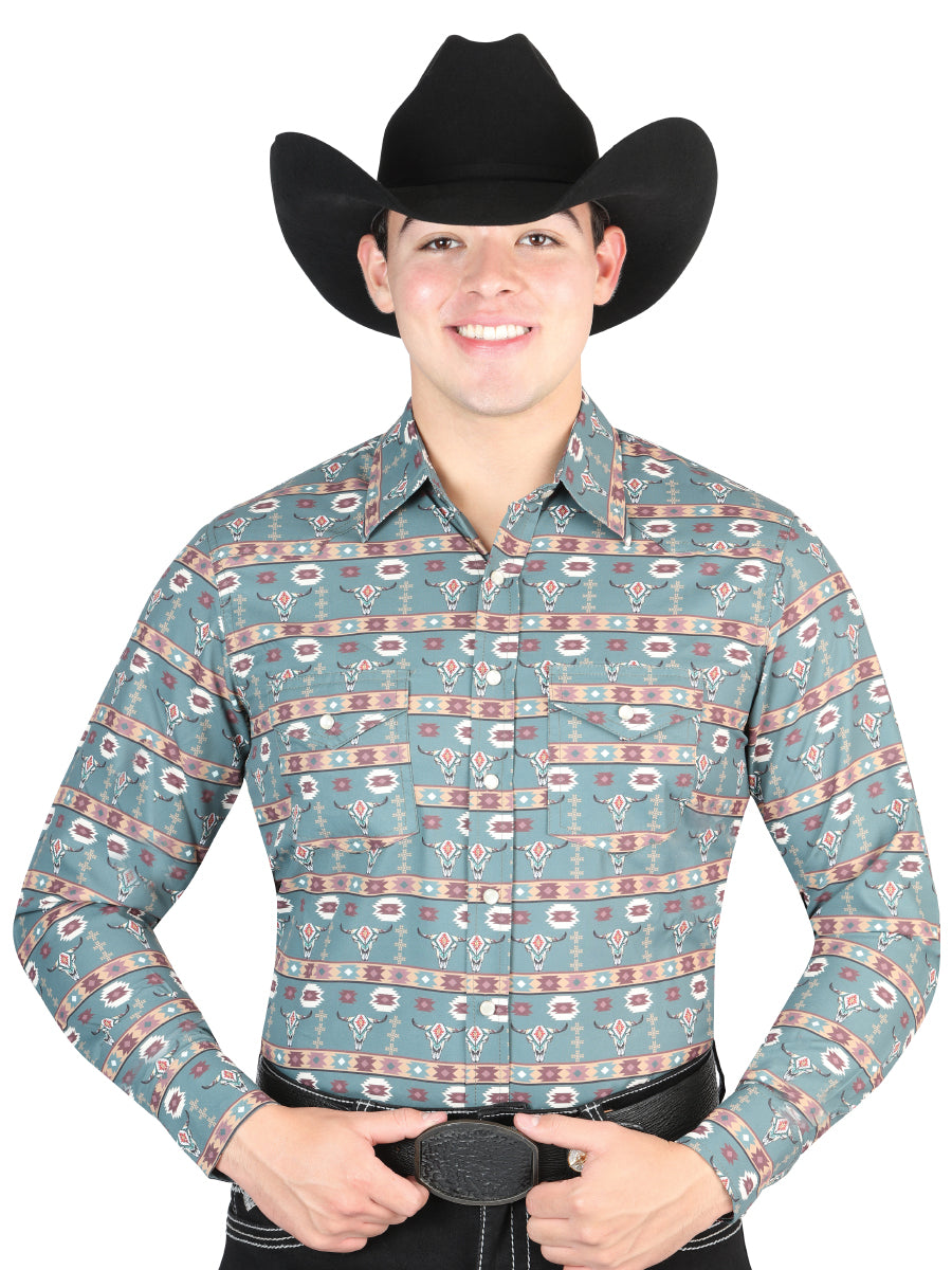 El General Men's Long Sleeve Western Fashion Snap Button Shirt - Green 44310