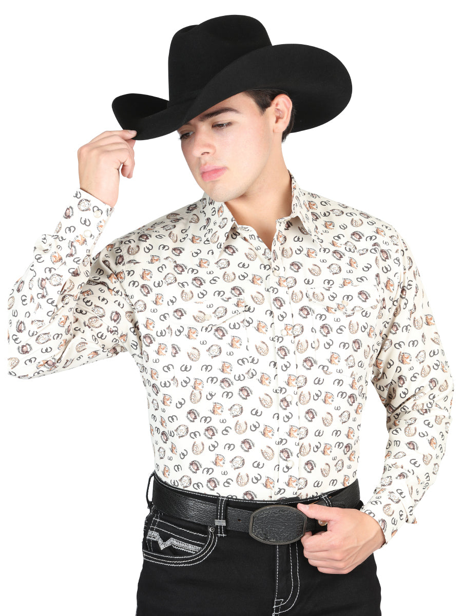 El General Men's Long Sleeve Western Fashion Snap Button Shirt – Beige 44311