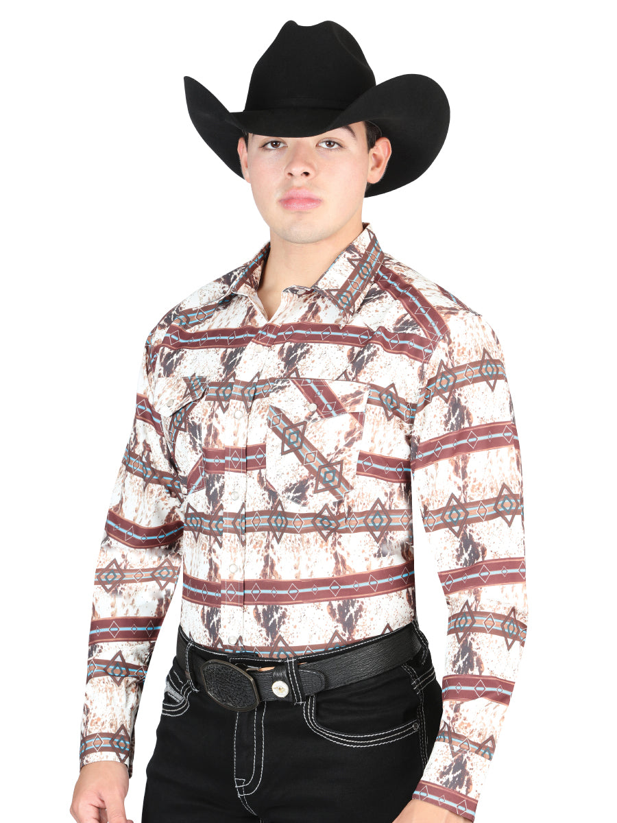 El General Men's Long Sleeve Western Fashion Snap Button Shirt - Brown 44312