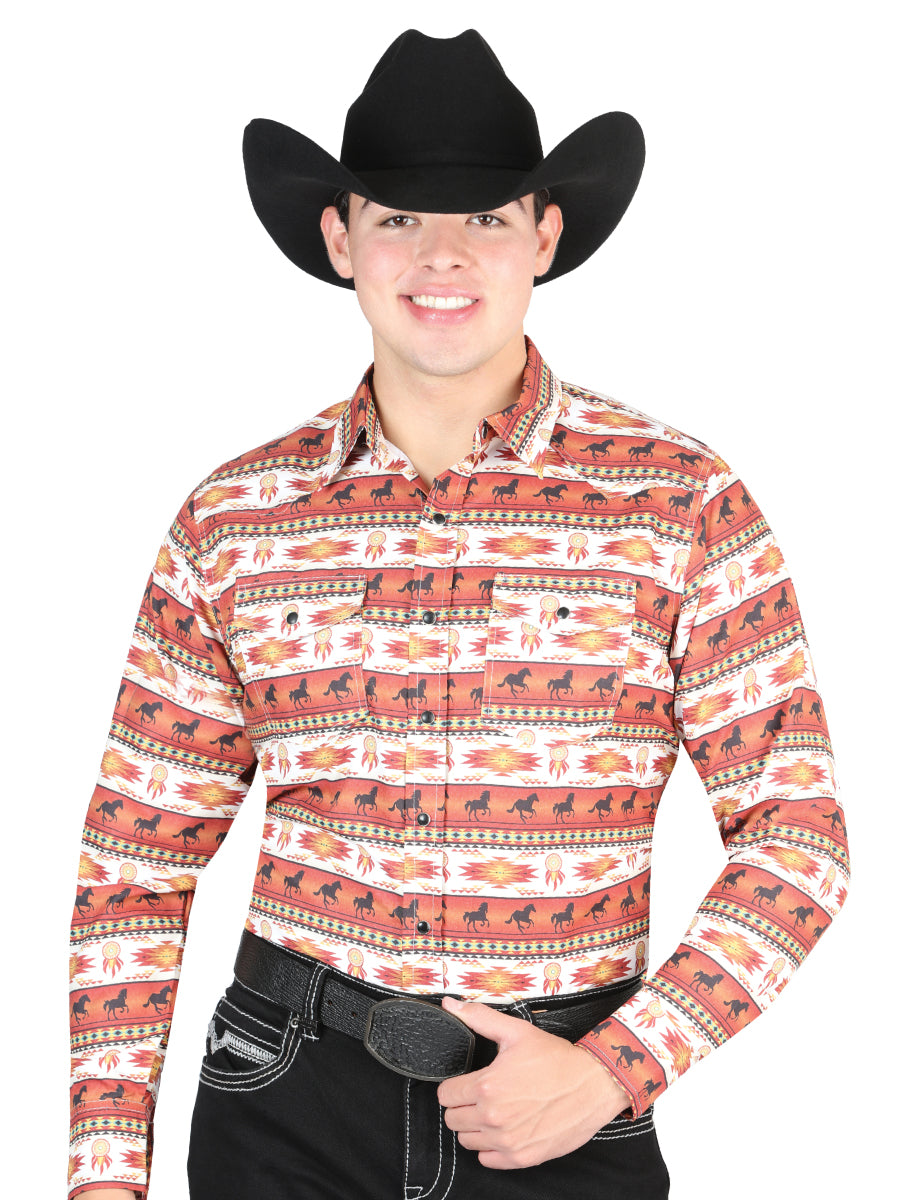 El General Men's Long Sleeve Western Fashion Snap Button Shirt - Brick Red 44315