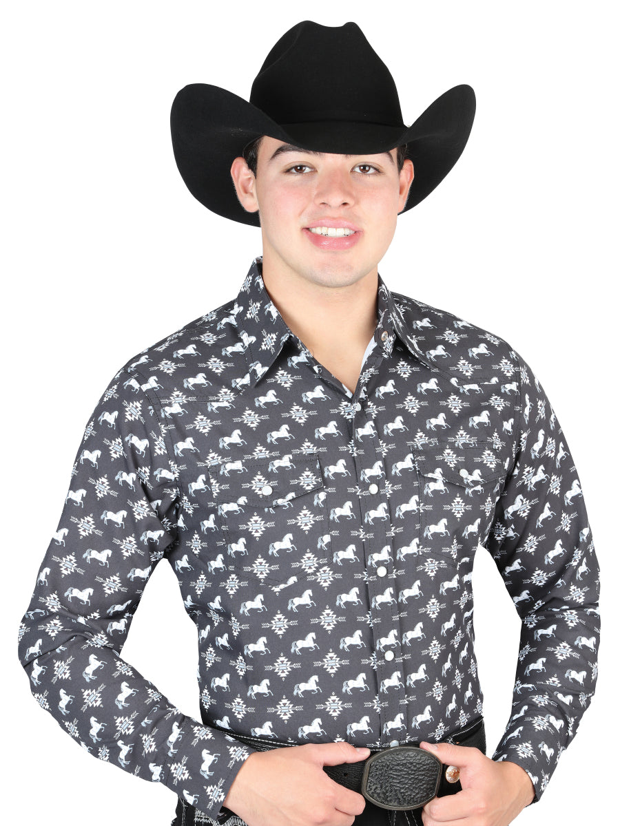 El General Men's Long Sleeve Western Fashion Snap Button Shirt - Black 44320