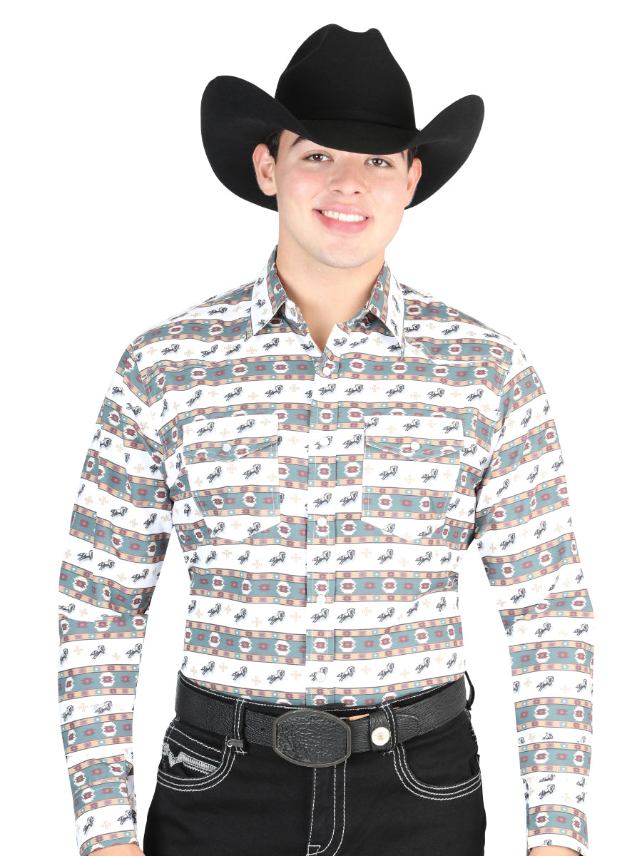 El General Men's Long Sleeve Western Fashion Snap Button Shirt - White/Green 44322
