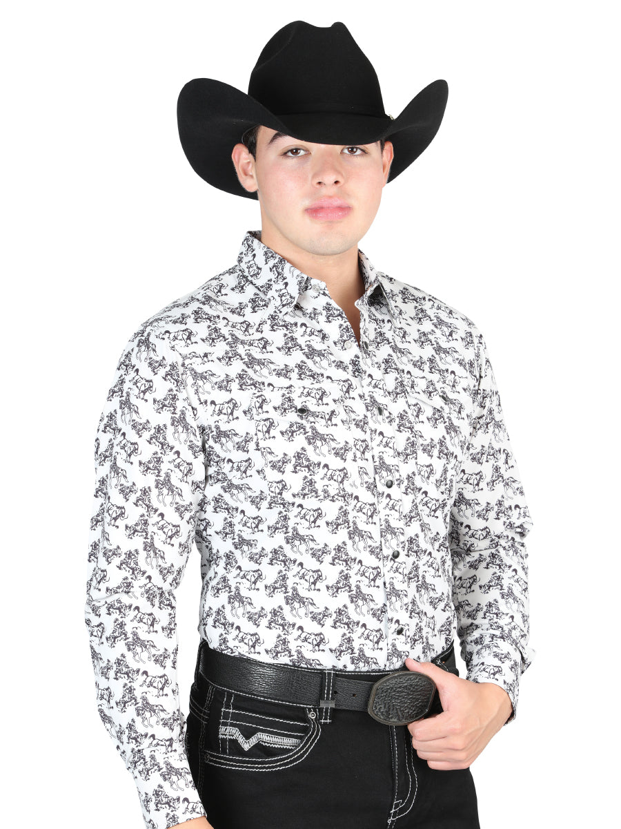 El General Men's Long Sleeve Western Fashion Snap Button Shirt - White/Grey 44325