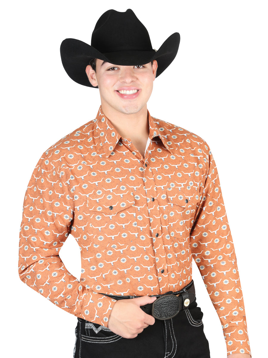 El General Men’s Long Sleeve Snap Button Western Shirt - Orange 44328