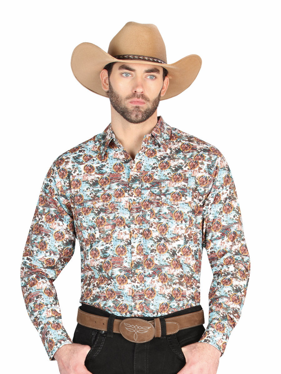 El General Men’s Long Sleeve Snap Button Western Shirt - Brown/Blue 44330