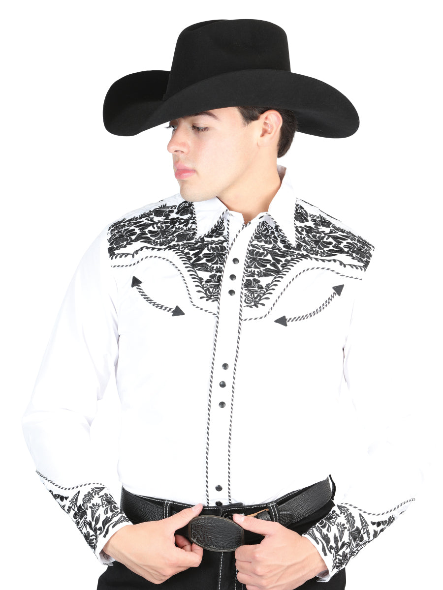 El General Men's Traditional Embroidered Western Charro Shirt - White/Black 44334