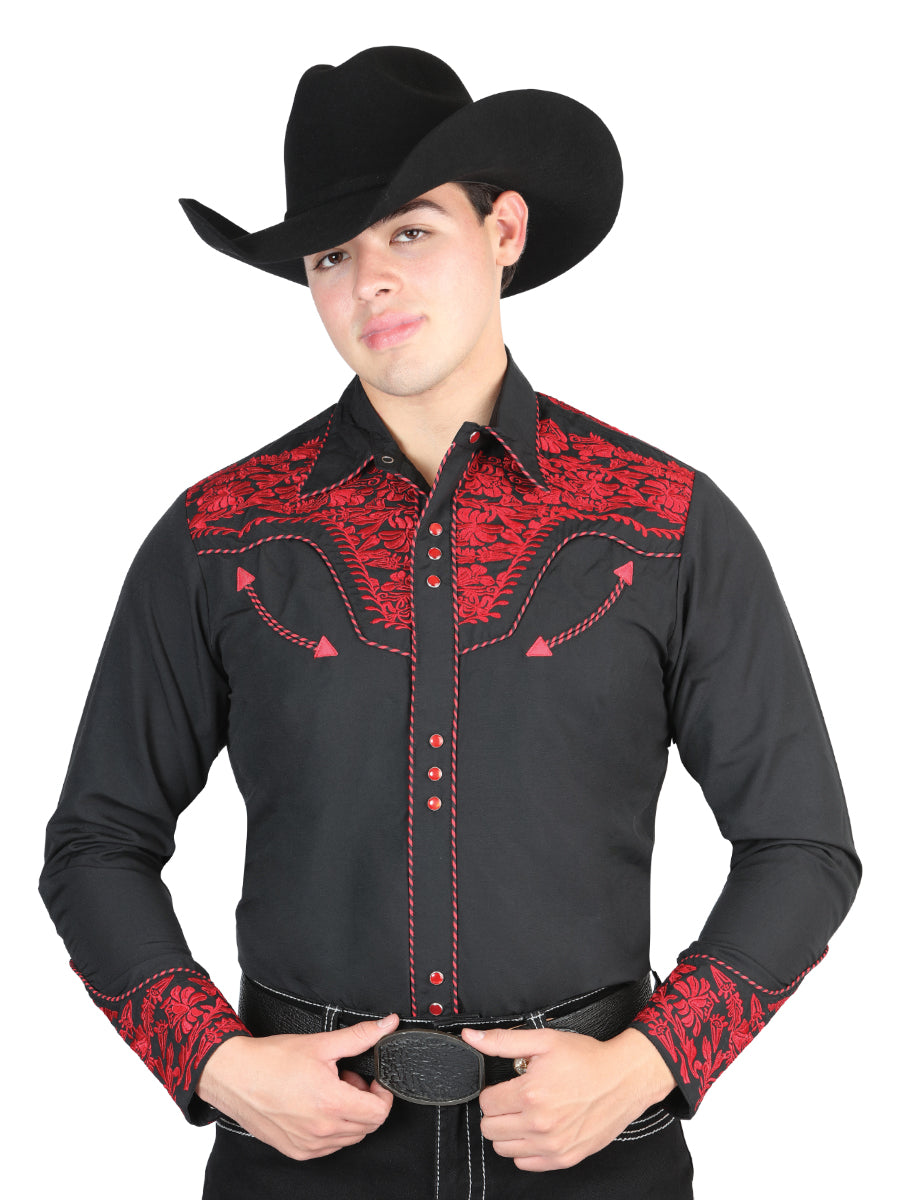 El General Men's Traditional Embroidered Western Charro Shirt - Black/Red 44335