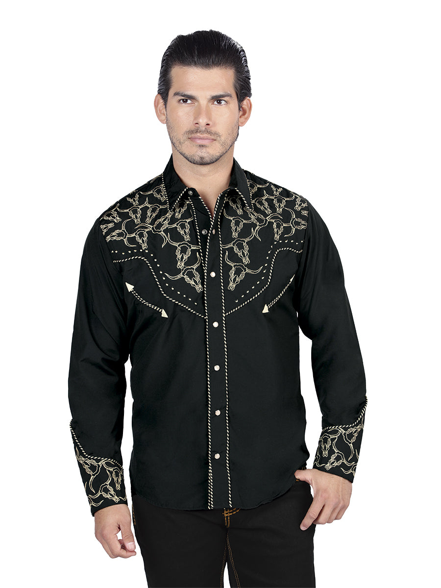 El General Men's Traditional Embroidered Western Charro Shirt - Black/Gold 44338