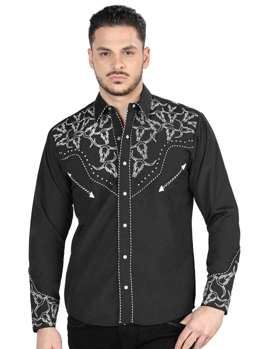 El General Men's Traditional Embroidered Western Charro Shirt - Black/White 44340