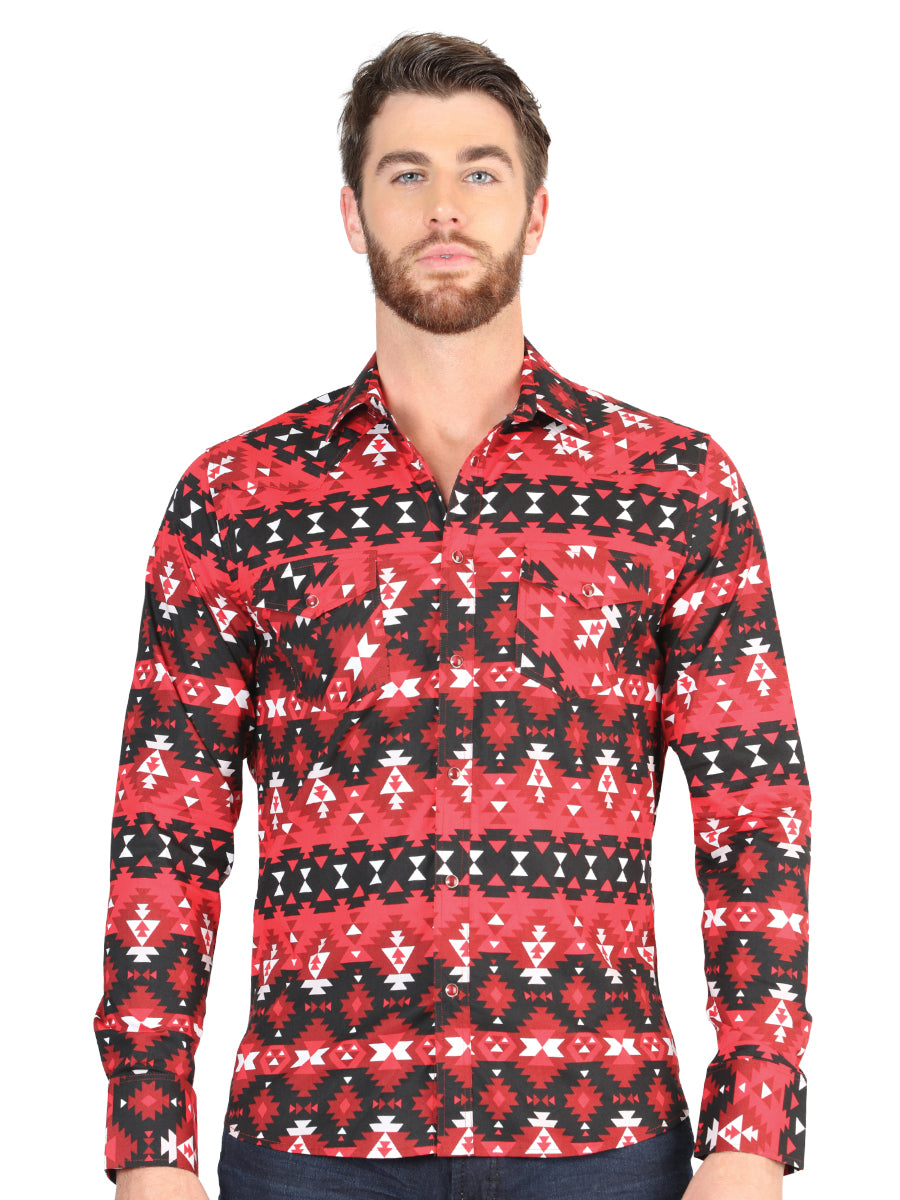 Men’s Long Sleeve Snap Button Western Shirt - Red 44396