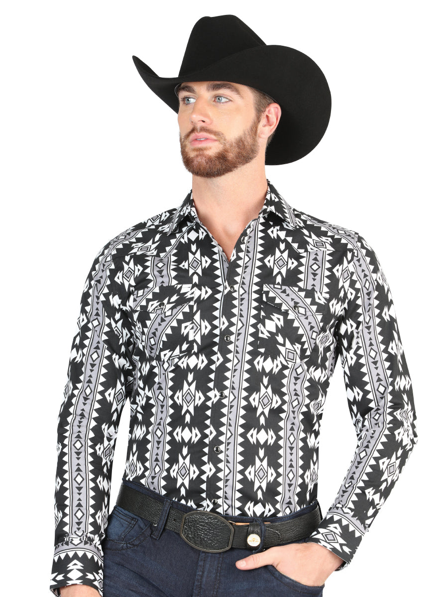 Men’s Long Sleeve Snap Button Western Shirt - Black 44399