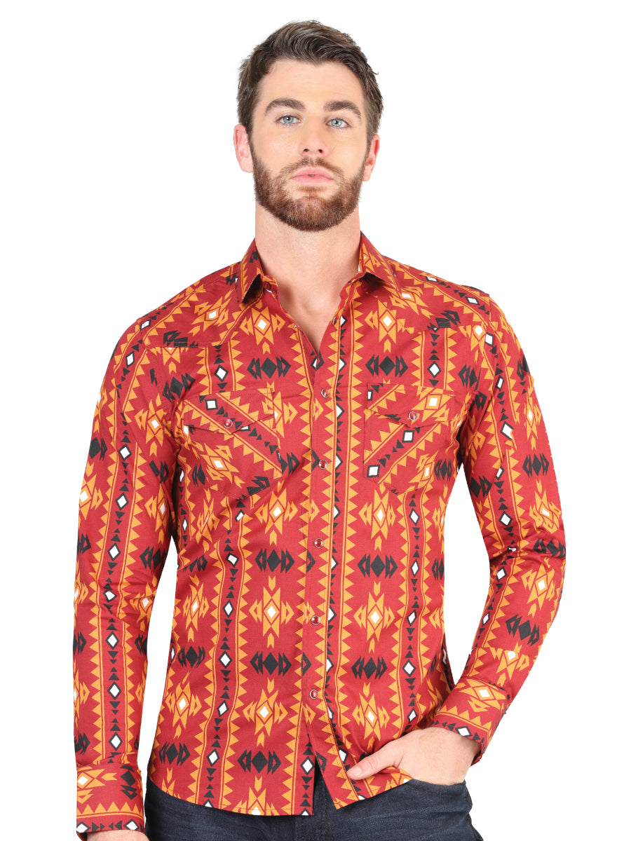 Men’s Long Sleeve Snap Button Western Shirt - Brick Red 44400