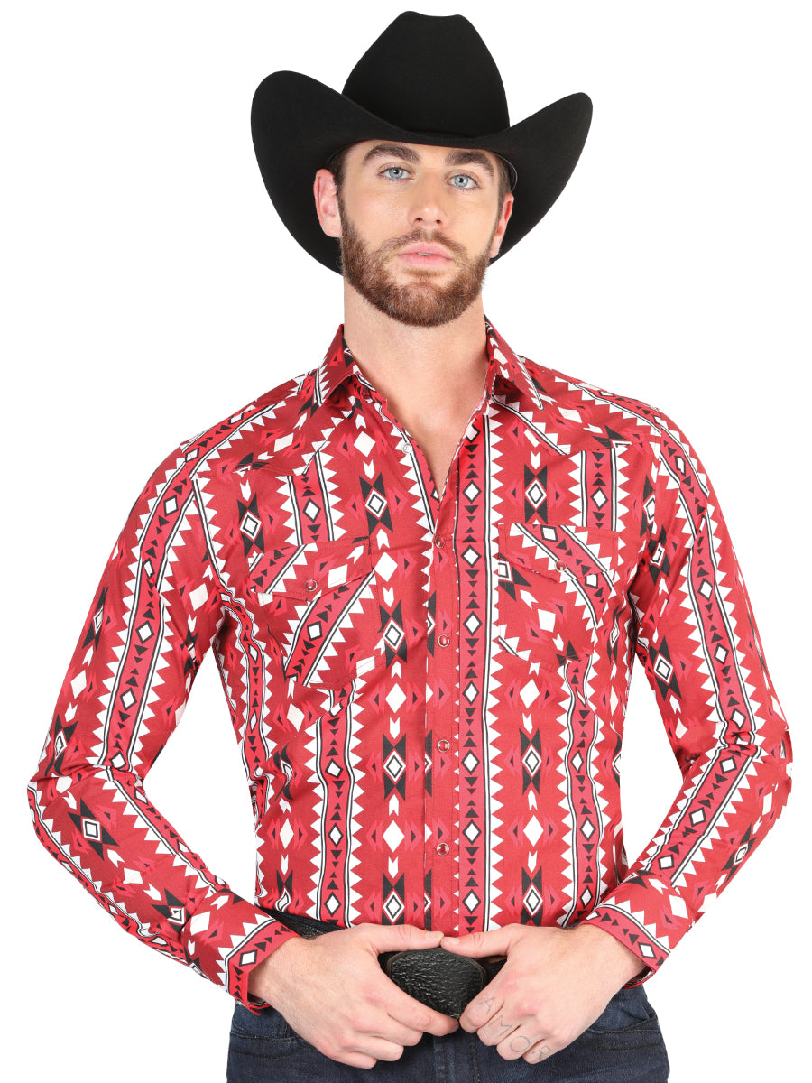 Men’s Long Sleeve Snap Button Western Shirt - Red 44401