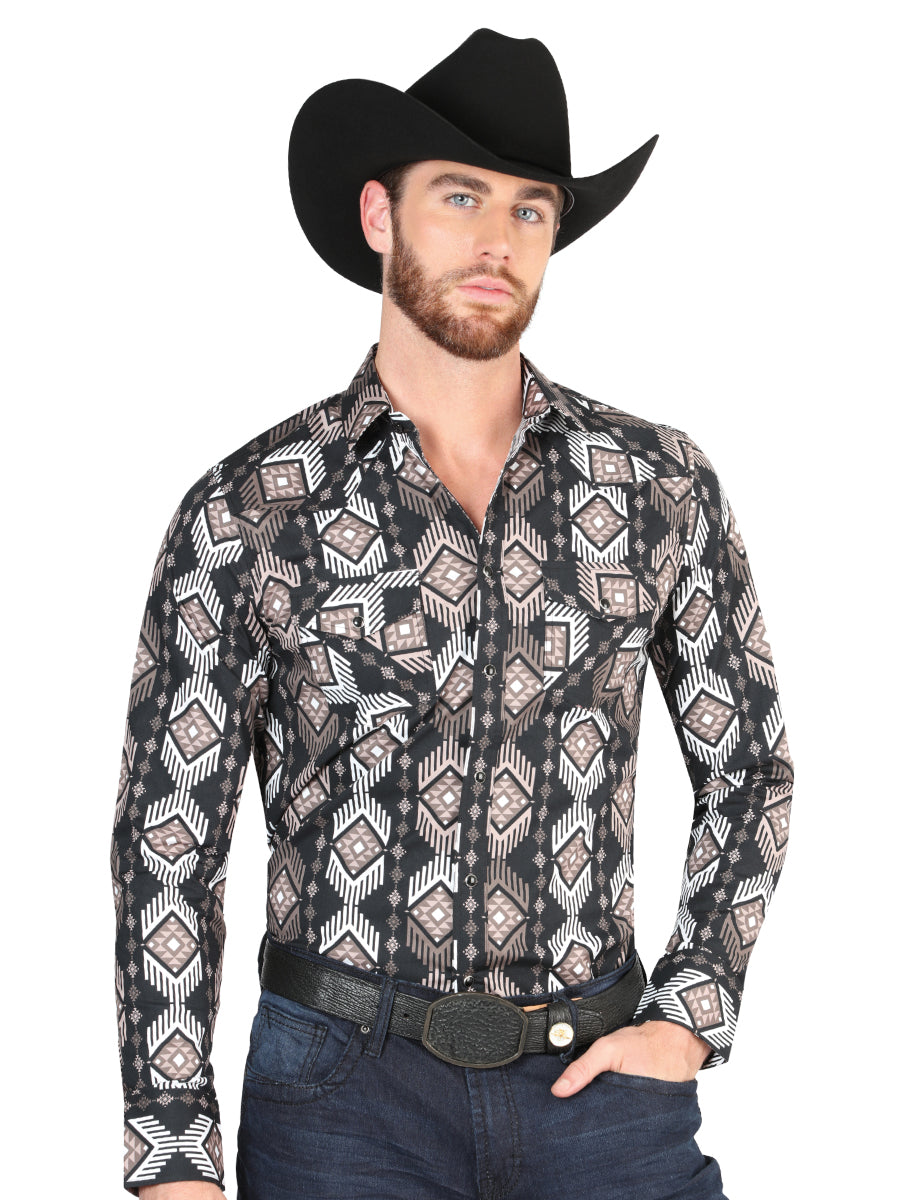 Men’s Long Sleeve Snap Button Western Shirt - Black 44402