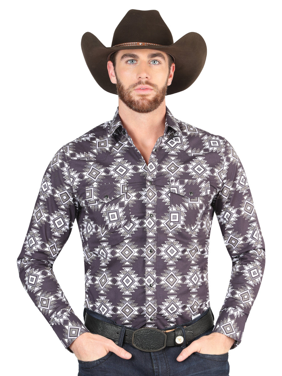 Men’s Long Sleeve Snap Button Western Shirt - Dark Blue 44403