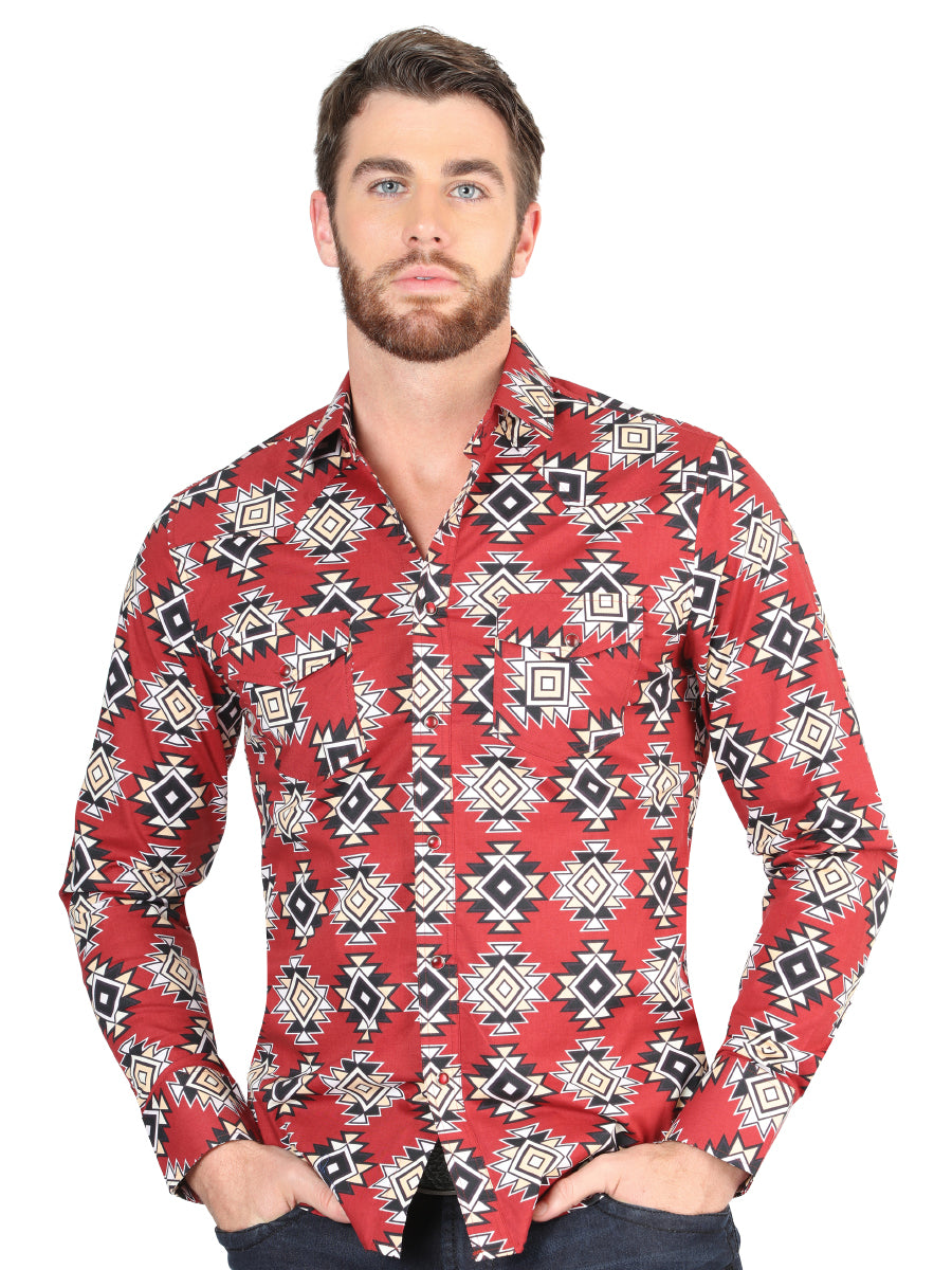 Men’s Long Sleeve Snap Button Western Shirt - Red 44404