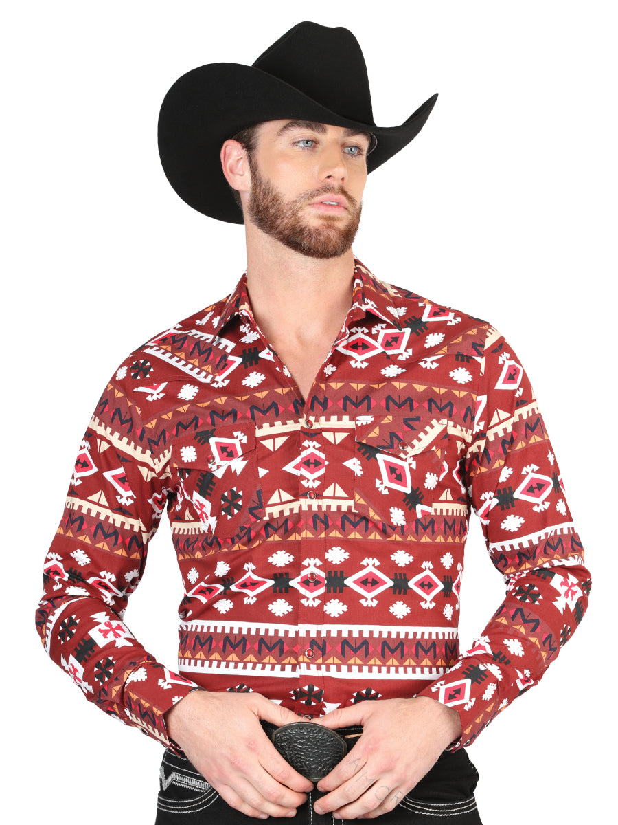 Men’s Long Sleeve Snap Button Western Shirt - Red 44418