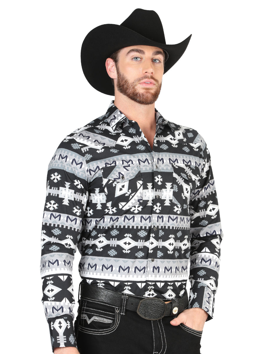 Men’s Long Sleeve Snap Button Western Shirt - Black/White 44419