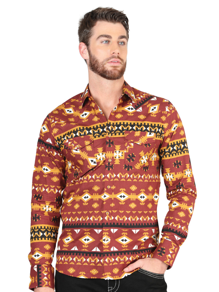 Men’s Long Sleeve Snap Button Western Shirt - Brick Red 44420