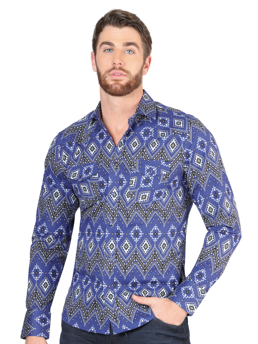 Men’s Long Sleeve Snap Button Western Shirt - Blue 44429