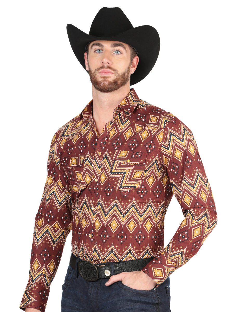 Men’s Long Sleeve Snap Button Western Shirt - Burgundy 44430