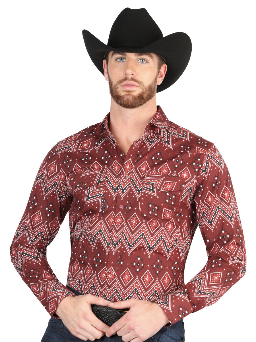 Men’s Long Sleeve Snap Button Western Shirt - Burgundy 44431