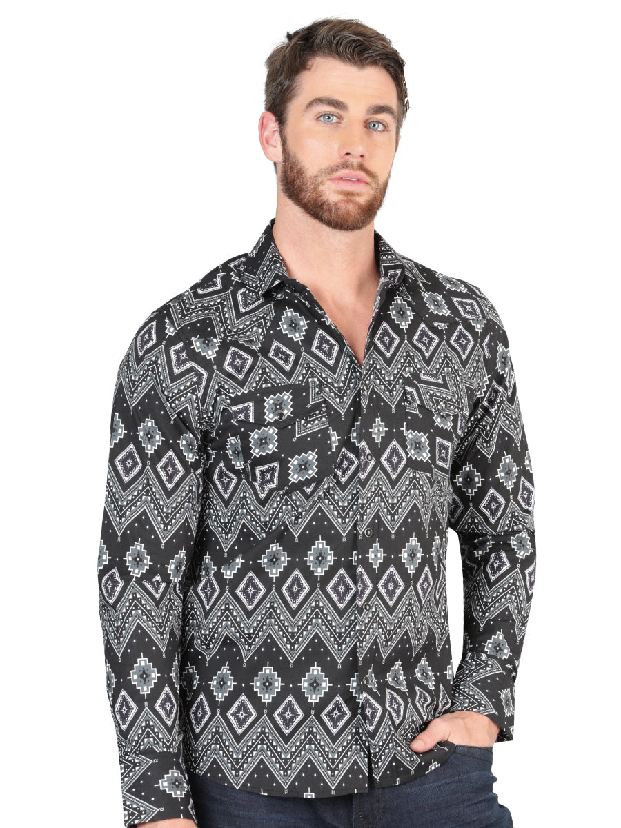 Men’s Long Sleeve Snap Button Western Shirt - Black 44432