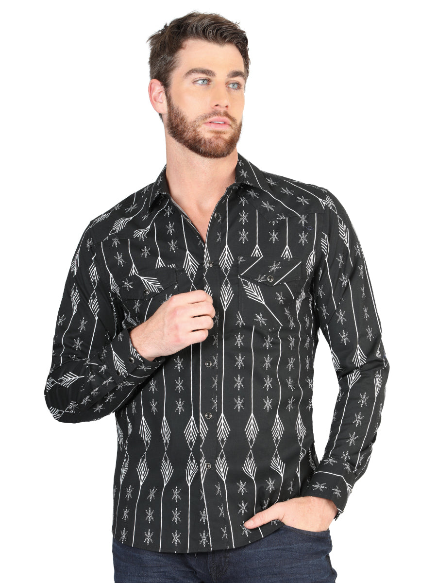 Men’s Long Sleeve Snap Button Western Shirt - Black/White 44433