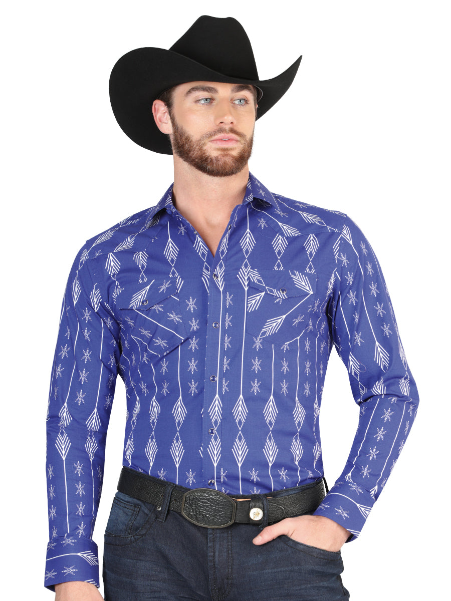 Men’s Long Sleeve Snap Button Western Shirt - Blue/White 44434
