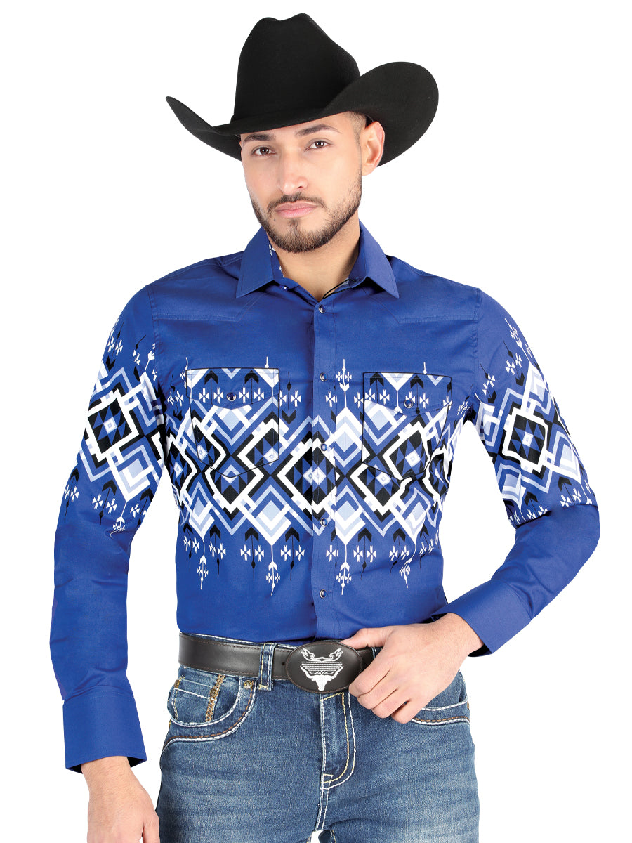 Men’s Long Sleeve Snap Button Western Shirt - Blue 44449