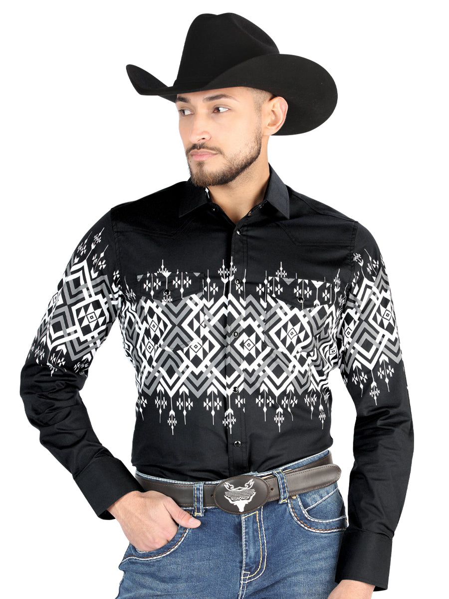 Men’s Long Sleeve Snap Button Western Shirt - Black 44451