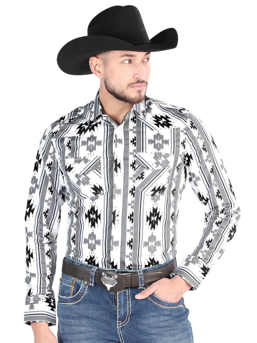 Men’s Long Sleeve Snap Button Western Shirt - White 44470