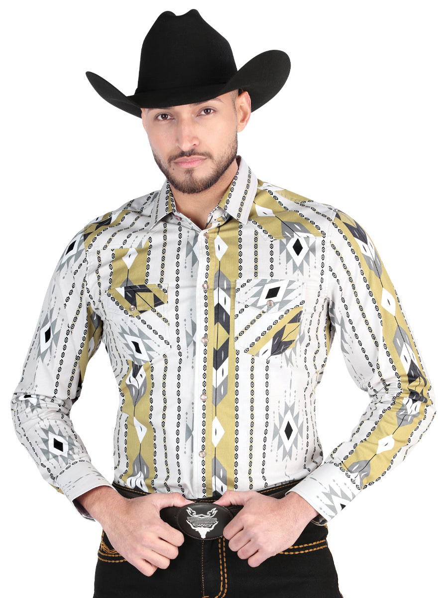 Men’s Long Sleeve Snap Button Western Shirt - Grey 44473