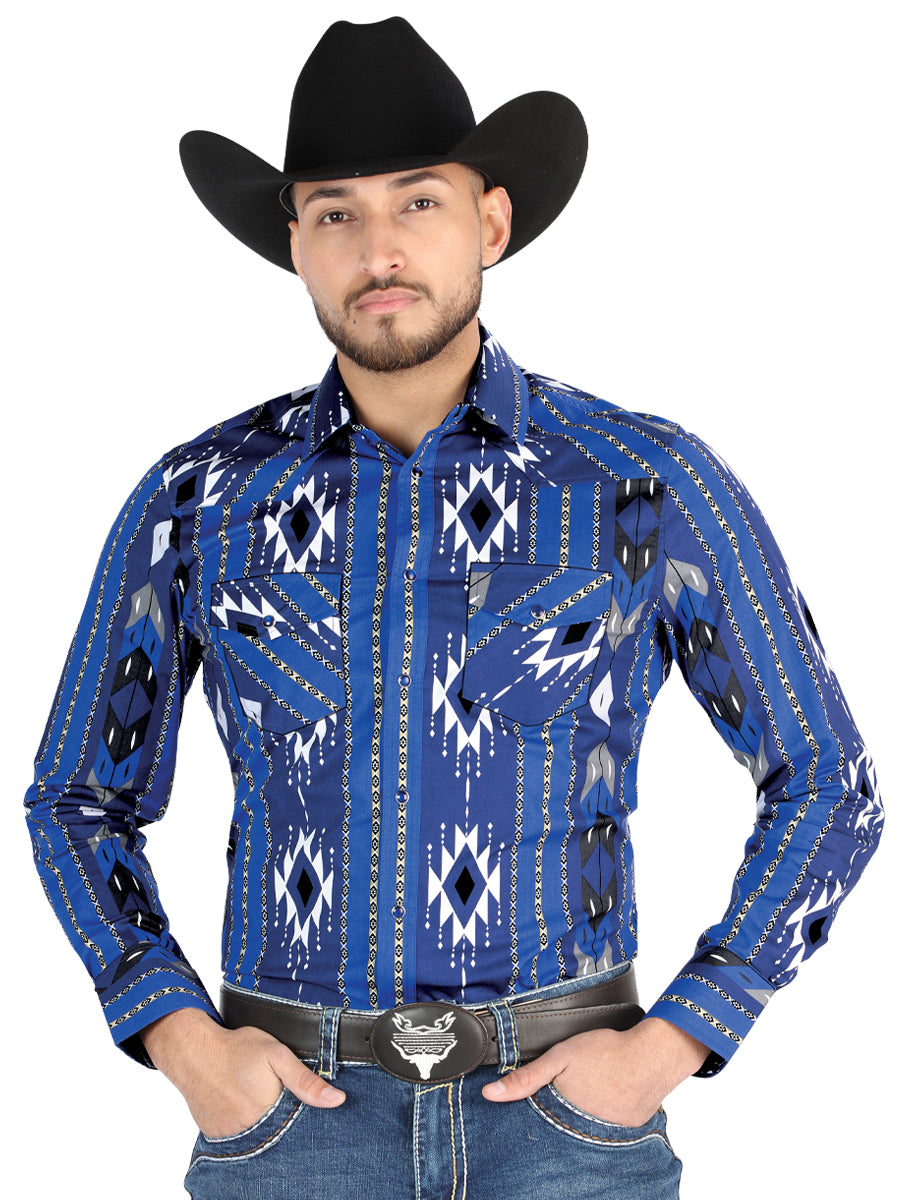 Men’s Long Sleeve Snap Button Western Shirt - Blue 44474