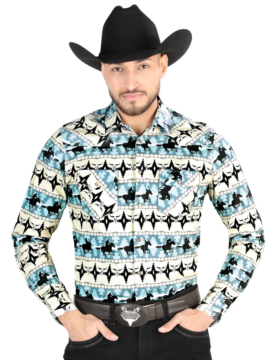 Men’s Long Sleeve Snap Button Western Shirt - Ivory/Blue 44478