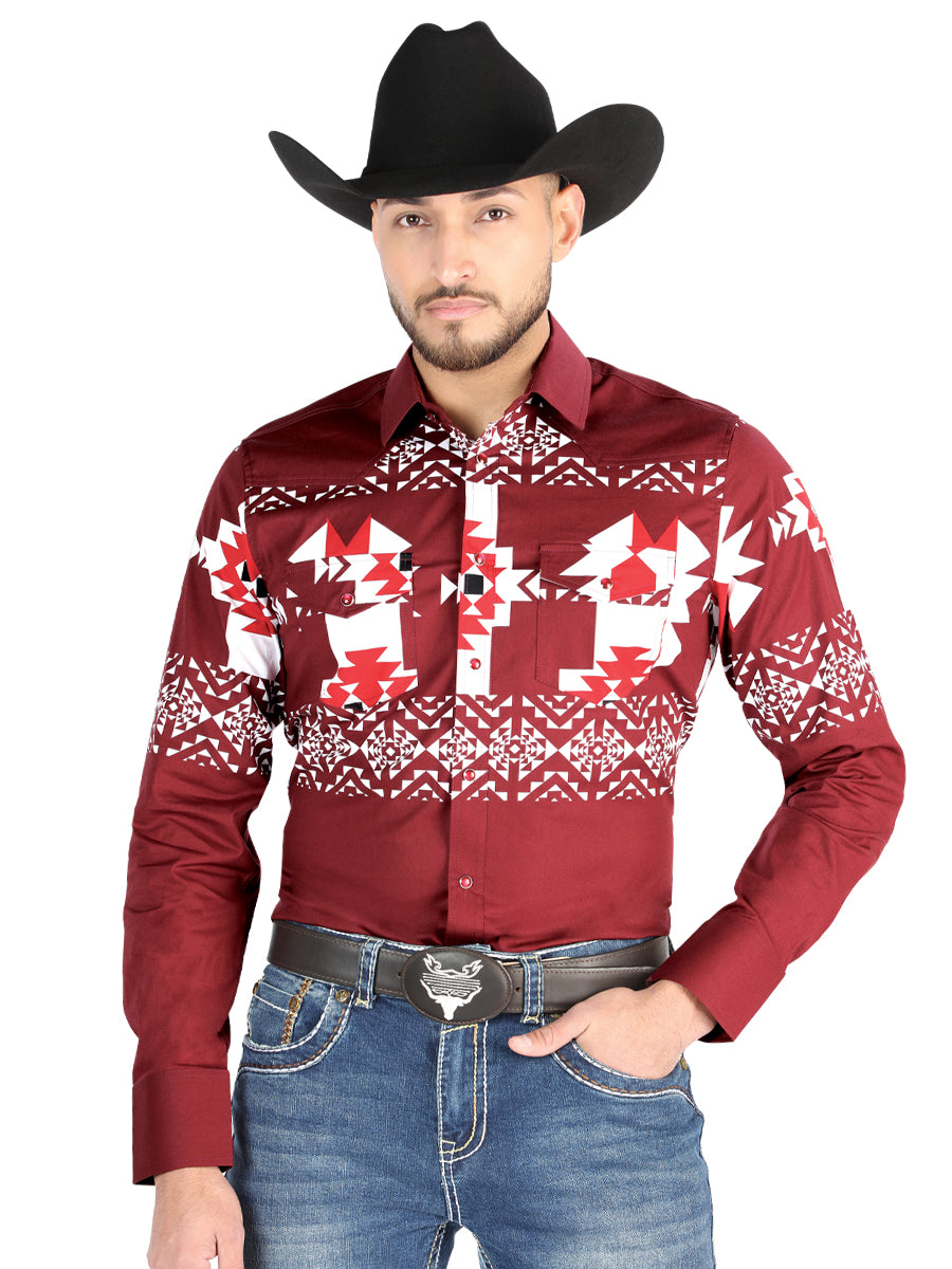 Men’s Long Sleeve Snap Button Western Shirt - Burgundy 44484